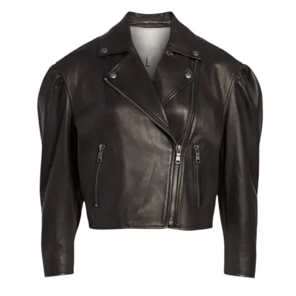 NWT Joie Black Leather Moto Jacket Lambskin Cropped Puff 3/4 Sleeve Biker Jacket - Picture 5 of 16